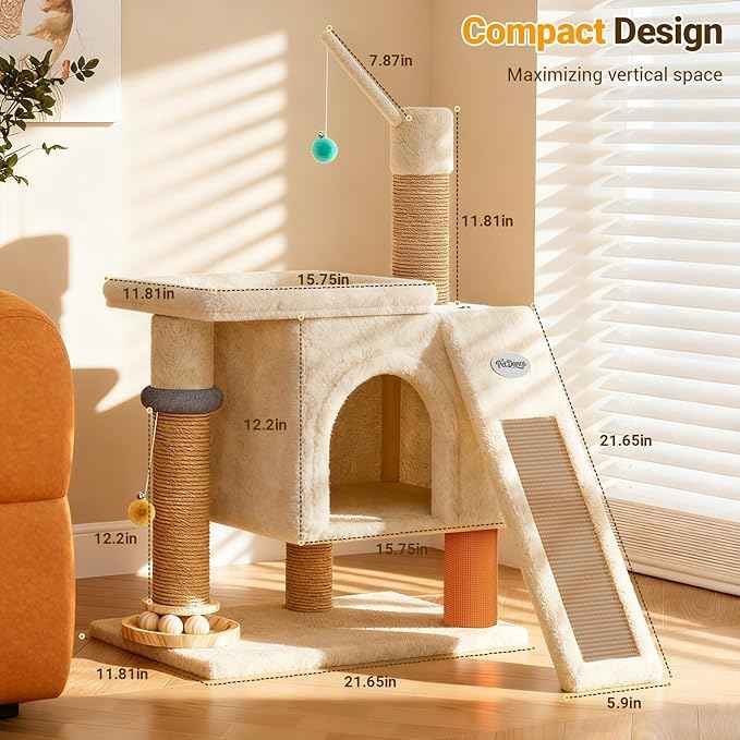 PetDance 37in All-in-1 Small Cat Tree for Indoor Cats | Space-Saving Cat Tower with Cozy Condo, Cat Window Perch, Sisal Scratching Posts, Interactive Ball Track Toy & Self-Grooming Brush,Beige