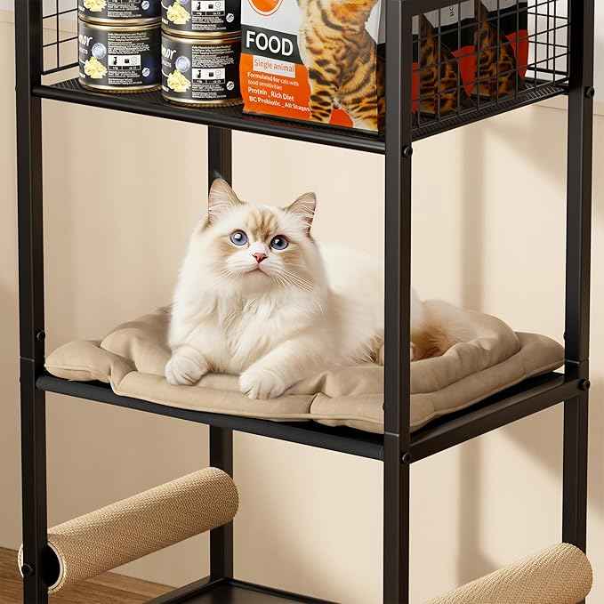 4in1 Cat Furniture Stand with Cat Scratching Post, Cat Food Bowls, Cats Bed Platform, Cats Food Storage Organizer, All in One Pet Furniture for Small Space (Black)