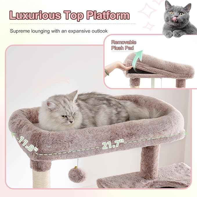 Heybly Cat Tree, 76-Inch Tall Heavy Duty Cat Tower for Big Cats with Extra Wide Baseboard, Multi-Level Large Cat Furniture with 2 Condos & 2 Hammocks, 10 Scratching Posts, Muchroom HCT039MU