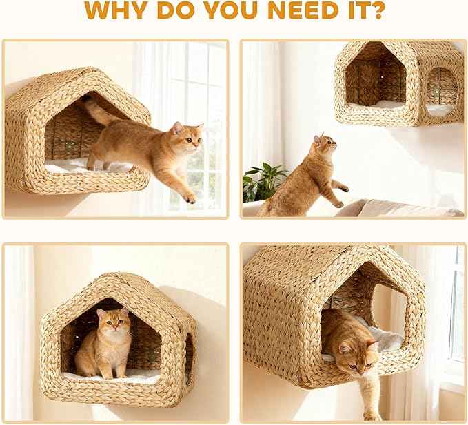 PawHut Wall Mounted Cat House, Cat Wall Condo Furniture with Washable Cushion, Kitty Shelf Bed for Indoor Cats Kittens, Natural