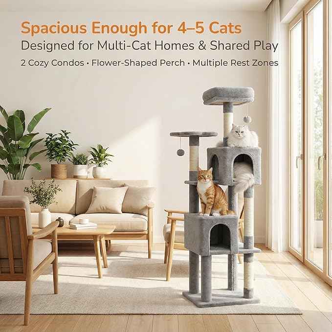 62" Cat Tree for Adult Cats - Multi-Level Tower with 2 Condos, Scratching Posts, Plush Bed & Pompoms, Gray