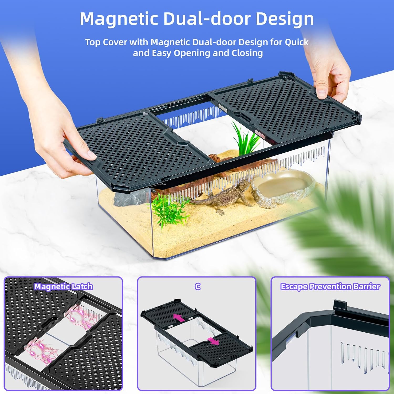 High-Transparency Reptile & Insect Enclosure Terrarium with Magnetic Door, Excellent Ventilation, Easy Cleaning, and Strong, Long-Lasting Build for Gecko, Tarantula, Hermit Crab (12x8.1x5.3 Inch) - FurryFun