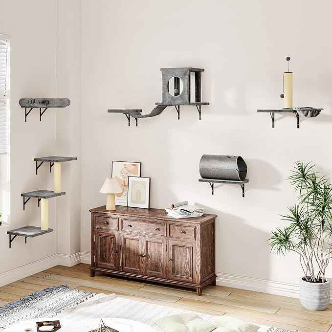 NUNU LAB Wall Mounted Cat Wall Shelves, 14-in-1 Cat Wall Climber with Bridge, Tunnel, House, Scratcher, Steps, Indoor Space-Saving Furniture for Kittens Play, Gray
