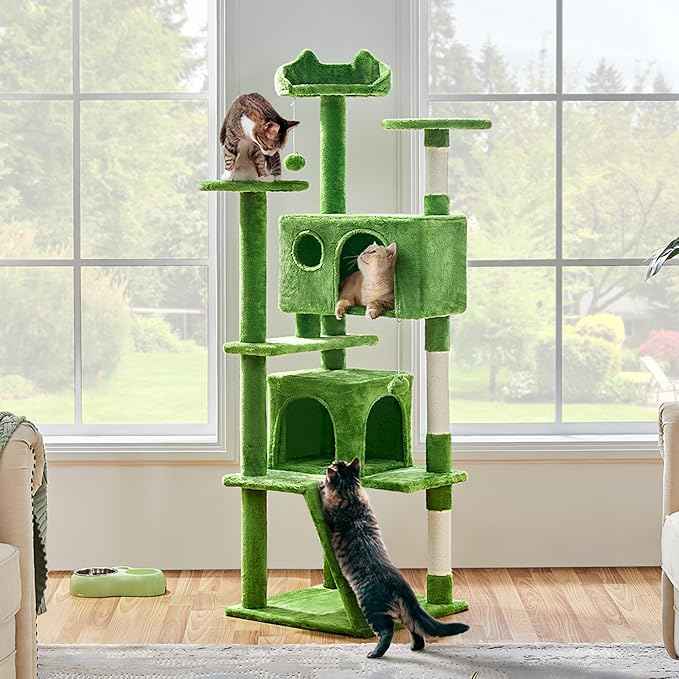 Yaheetech 62in Cat Tree Cat Tower for Indoor Kittens, Pet Furniture w/Double Condo, Scratching Posts, Multiple Platforms and Balls for Kitty, Green