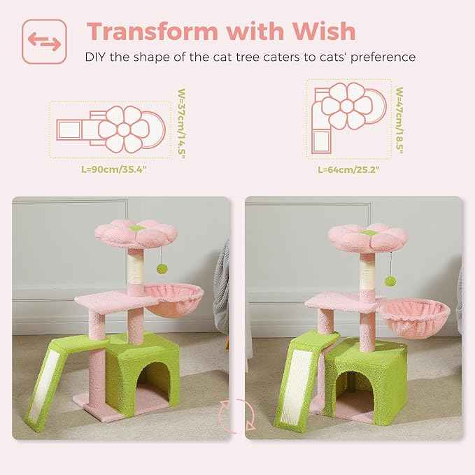 PETEPELA Flower Cat Tree for Indoor Cats, 32'' Small Cat Tower Cat Condo with Sisal Scratching Ramp, Cozy Hammock and Removable Flower Bed Perch for Kittens, Pink