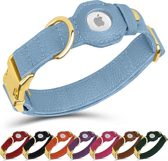 Leather Airtag Dog Collar - Soft Tracking Dog Collar with Apple AirTag Holder and Metal Buckle - Safety GPS Pet Collars for Small Medium Large Dogs Puppy Pink Red (Cornflower, L, 17"-21" Neck Fit)