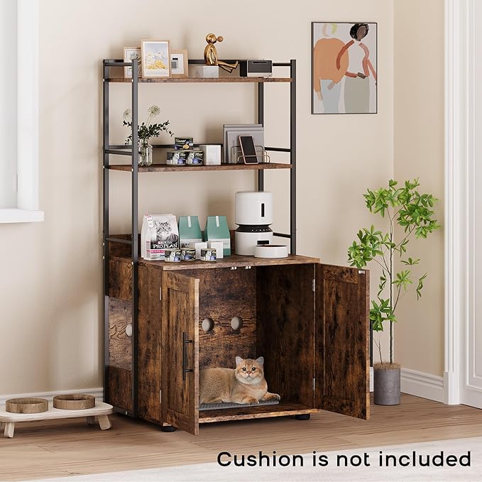 Cat Litter Box Enclosure, Hidden Litter Box Furniture with 3 Storage Shelves and Doors, Rustic Indoor Cat Cabinet, Multi-Functional Storage for Food, Cats Toilet Furniture