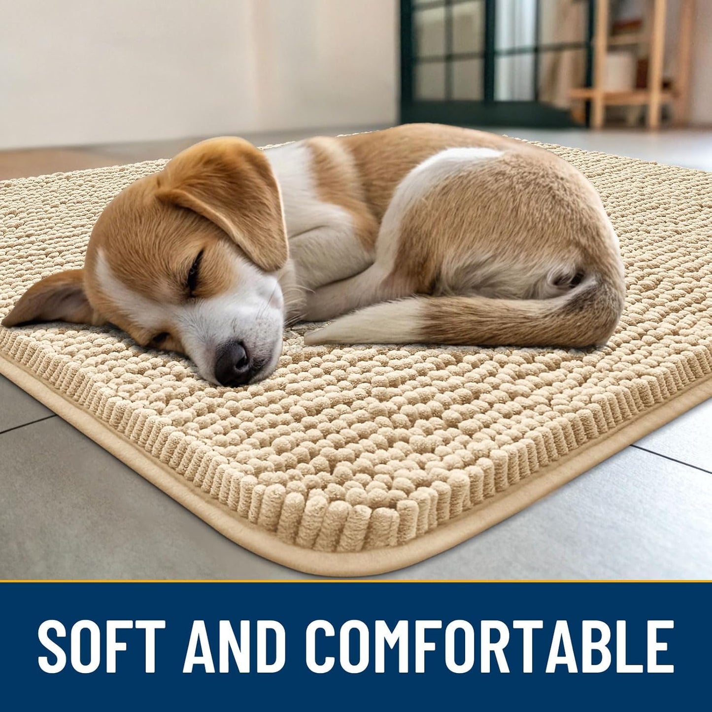 Smiry Dog Door Mat for Muddy Paws 40x24, Absorbs Moisture and Dirt Doormat, Non-Slip Washable Quick Dry Chenille Front Door Mat Indoor Entrance, Entryway Carpet for Inside Floor, Beige