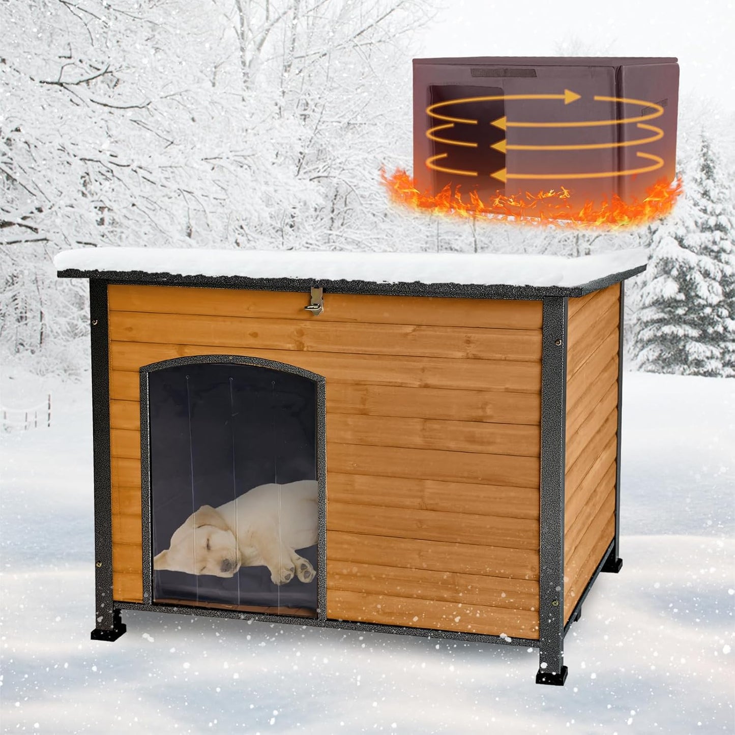 Feral Dog House Outdoor,Anti Bite Iron Frame Dog Kennel,Wood Warm Pets Home,Insulated Weatherproof Outside Shelter for Feral Animal (43.3" (L) x 29.4" (W) x 33.4" (H)-Brown-in)
