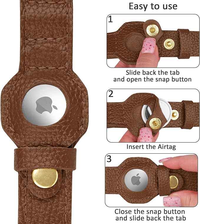 Leather Airtag Dog Collar - Soft Tracking Dog Collar with Apple AirTag Holder and Metal Buckle - Safety GPS Pet Collars for Small Medium Large Dogs Puppy Pink Red (Brown, L, 17"-21" Neck Fit)