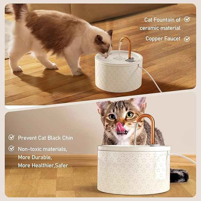 Ceramic Cat Water Fountain - 2.1L/71oz - Firework Embossed All-Ceramic Body & Pure Copper Spout - Non-Toxic & Automatic Pet Drinking Fountain Indoor with Ultra-Quiet Pump, 3 Filters & Sponge