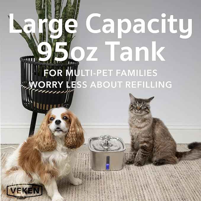 Veken Innovation Award Winner Stainless Steel Cat Water Fountain, 95oz/2.8L Automatic Pet Fountain Dog Water Dispenser with Replacement Filters & Silicone Mat, Gifts for Cats, Dogs (Silver)