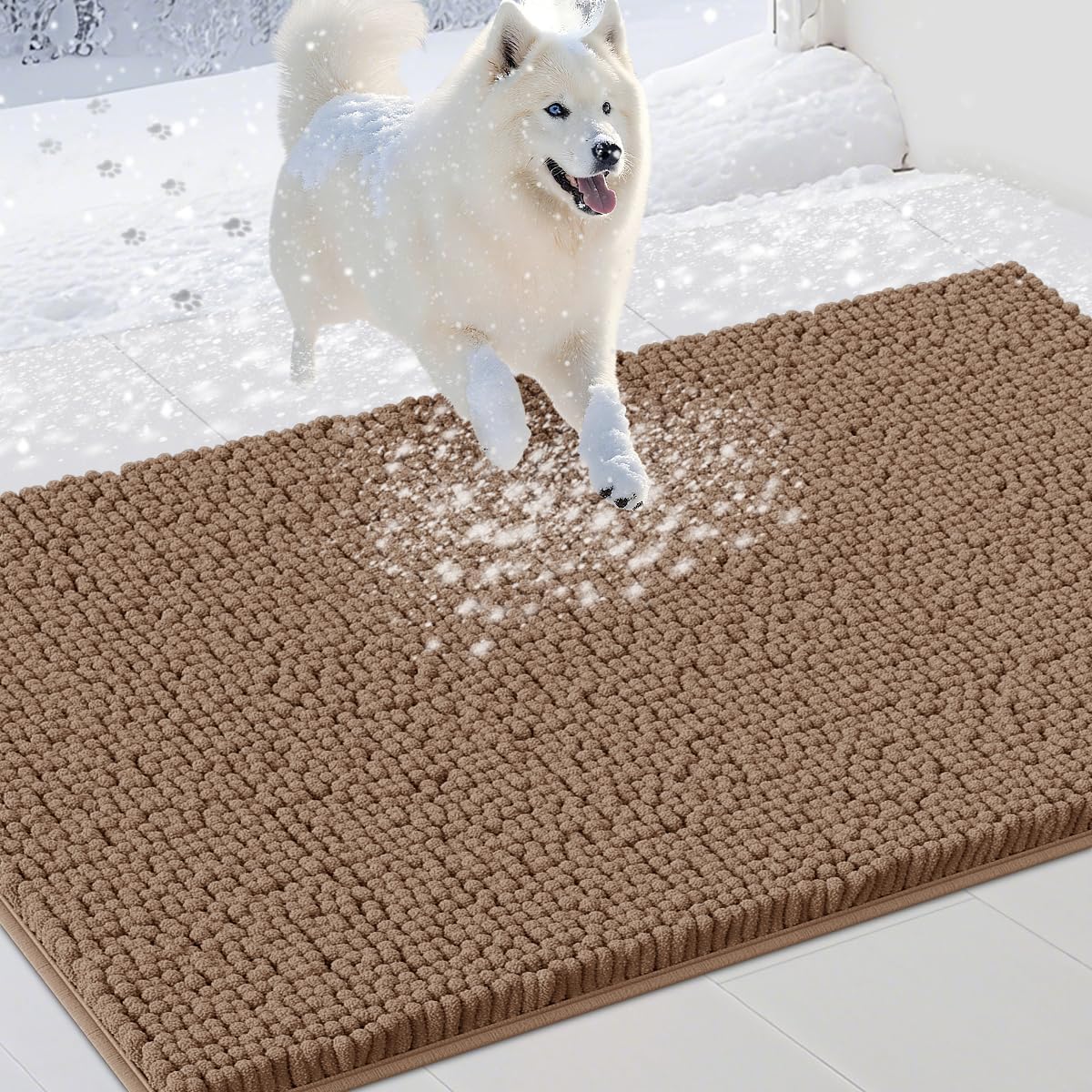 Dog Door Mats for Muddy Paws, Chenille Absorbent Dog Mats, Non Slip Heavy Mud Mat for Dogs, Soft Pet Mat for Entryway, Mud Paws, Inside Floor,48" x 38", Camel