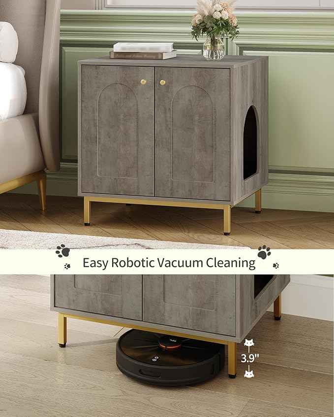 Cat Litter Box Enclosure, Hidden Litter Box Furniture Cabinet, Wooden Indoor Cat House, Side End Table, Living Room, Bedroom, Greige and Gold CB81205G