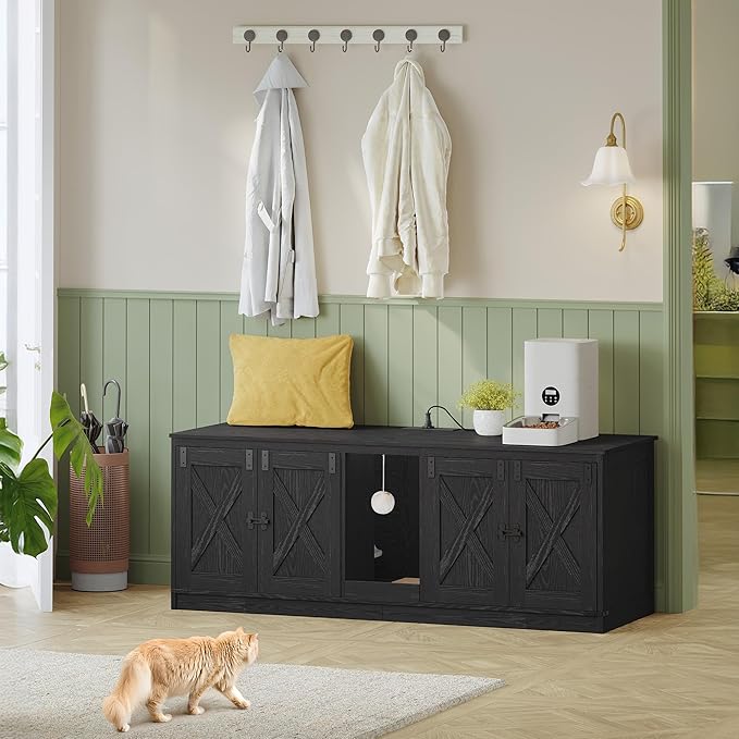 55" L Cat Litter Box Enclosure for 2 Cats, Double Hidden Litter Box Furniture with Scratch Pad, Wooden Cat Cabinet with USB Ports & Power Outlets, Farmhouse TV Stand, Black CB82504X