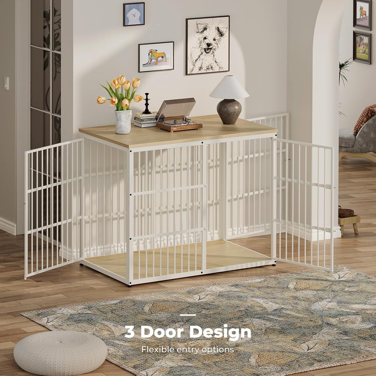 Lyromix 48'' XXL Dog Crate Furniture with 3 Doors,Wooden Crate End Table Heavy Duty Indoor Combination Cage for Medium to Large Dogs, Multiple Units Can be Combined, Natural Beech