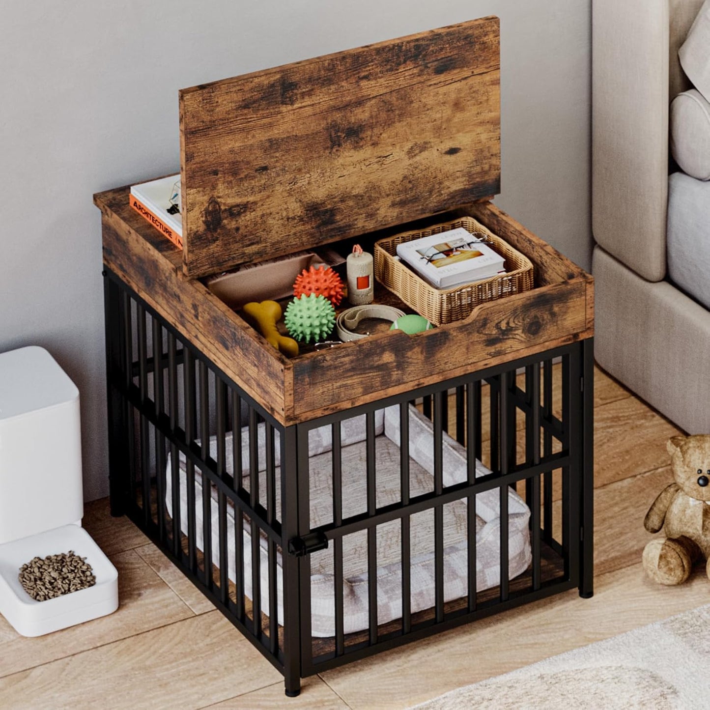 IRONCK Dog Crate Furniture for Small Dogs, Wooden Dog Kennel with Flip Top Drawer, Indoor Pet Crate End Table with Charging Station, Steel-Tube Dog Cage, Rustic Brown