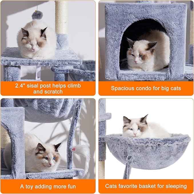 Heybly Cat Tree with Toy, Cat Tower Condo for Indoor Cats, Cat House with Padded Plush Perch, Cozy Hammock and Sisal Scratching Posts, Pewter HCT004PE