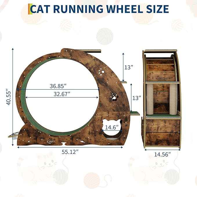 Cat Running Wheel for Indoor Cats, Large 6-in-1 Cat Treadmill with Bowls, Scratch Post & Resting House, Quiet Cats Wheel Exerciser for Kitty Fitness Brown