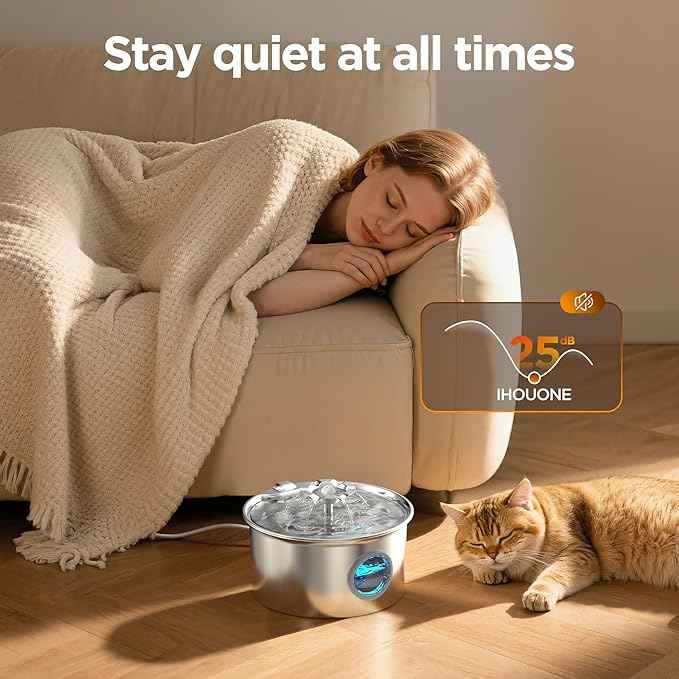 Stainless Steel Cat Water Fountain: 88oz/2.6L Ultra Quiet Pet Fountain with Flower Kitty Spout & LED Blue Light Water Dispenser with Water Level Window for Cats/Dogs Indoor (Silver) - IHOUONE