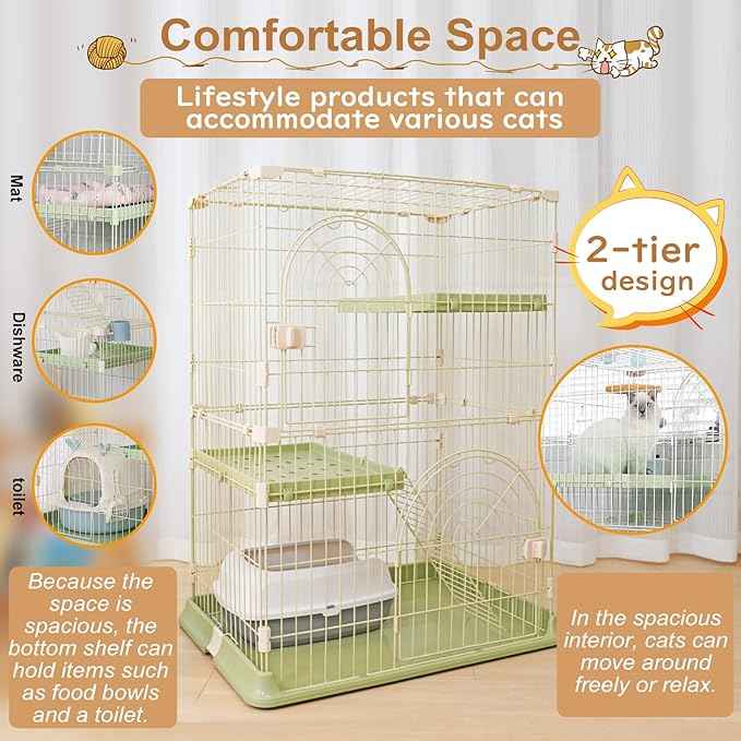Cat Cage 2-Tier Indoor Cat Enclosure with Widen Bottom Buckle & Reinforced Locking Clamps DlY Cat Playpen for 1-2 Cats & Small Pets,31" Lx 20" W X 36" H (Green, Two-Tier36)