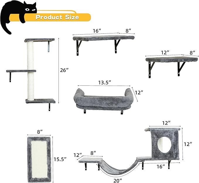 NUNU LAB Wall Mounted Cat Climber Set, 6 Pcs Cat Furniture Set with House, Bridge, Steps, Scratcher Board and Hammock, Shelves for Indoor, Luxury Walls Furniture(Dark)