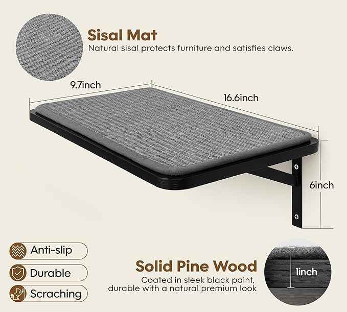 Cat Wall Shelves Set of 2, Black Solid Wood Cat Lounging Shelf with Grey Sisal Cushion, Wall-Mounted Space-Saving Climbing Shelf, Window Perch for Kittens & Cats, Black Furniture for Indoor