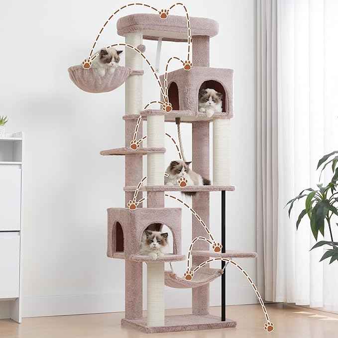 Cat Tree for Indoor Cats Large Adult, 70.5'' Cat Tower with Scratching Post, Sturdy Steel Pube Cat Tree Tower with Large Playing Platfrom, Hammock and Basket, Top Perch, Mushroom GCT024MU