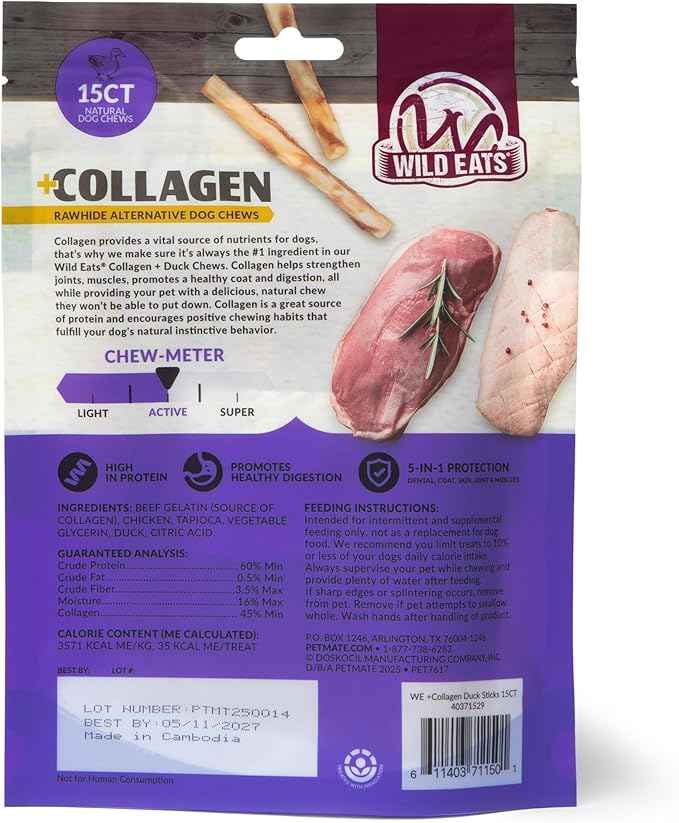 Wild Eats Real Duck Collagen Retriever Sticks for Dogs, (15 Count), Long Lasting Dog Chews, No Hide Dog Treat Bully Stick Alternative, Rawhide Free, Low Fat, High Protein, Grain Free
