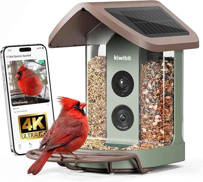 Solar Smart Bird Feeder with Camera - No Subscription, AI Bird Identification Included, 4K HD Live Video & 8MP Photos, Wireless Outdoor Wild Bird Watching Gifts for Bird Lovers, Brown