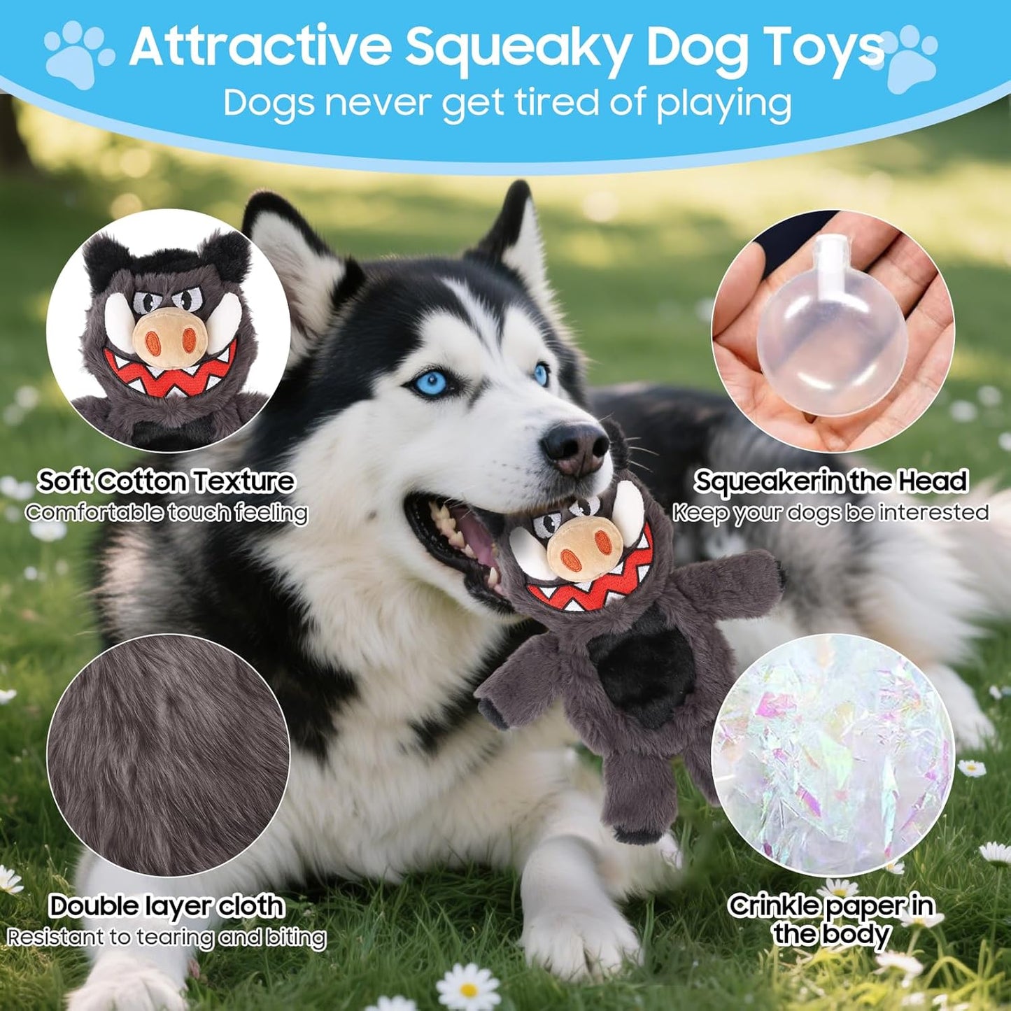 Bzonsmart Squeaky Dog Toys, 5 PCS Crinkle Dog Toy Plush, Dog Toys Value Pack for Small Medium and Large Dogs, Dog Chew Toys to Keep Them Busy