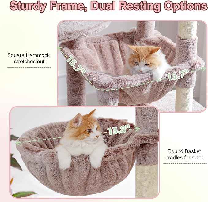 Heybly Cat Tree, 76-Inch Tall Heavy Duty Cat Tower for Big Cats with Extra Wide Baseboard, Multi-Level Large Cat Furniture with 2 Condos & 2 Hammocks, 10 Scratching Posts, Muchroom HCT039MU
