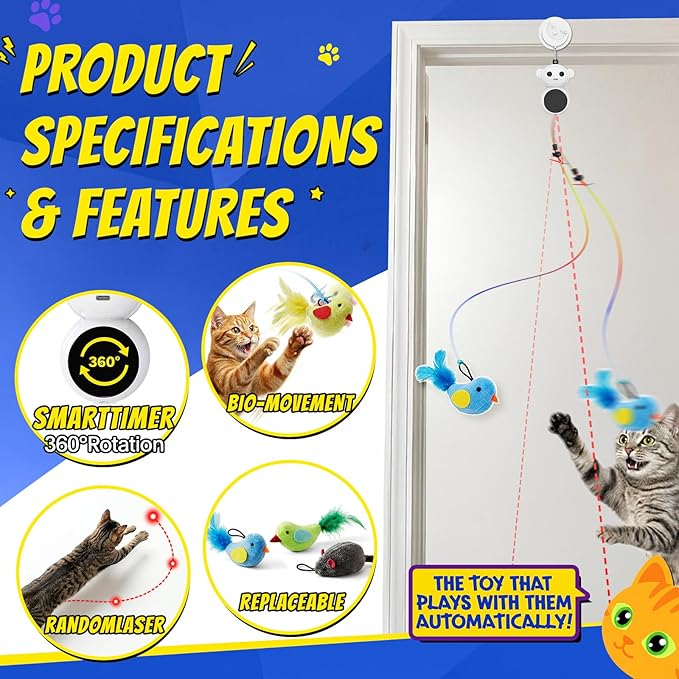 Interactive Cat Toys for Indoor Cats - 2 in 1 Automatic Laser Pointer Cat Toy with Feather Flying Bird，Smart Moving Mouse Wand Toy with 2 Modes, Auto On/Off Hanging Toys for Bored Kitten & Adult Cats