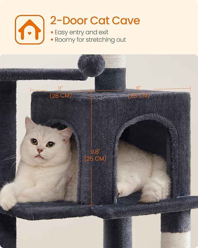 Feandrea Cat Tree, 44.1-Inch Cat Tower, Plush Multi-Level Condo with 4 Scratching Posts, 2 Perches, Hammock, Cave, Smoky Gray UPCT261G01