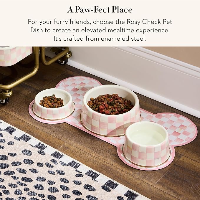 MACKENZIE-CHILDS Enamel Pet Bowl, Cute Cat and Dog Bowl for Food and Water, Medium, Pink-and-White Rosy Check