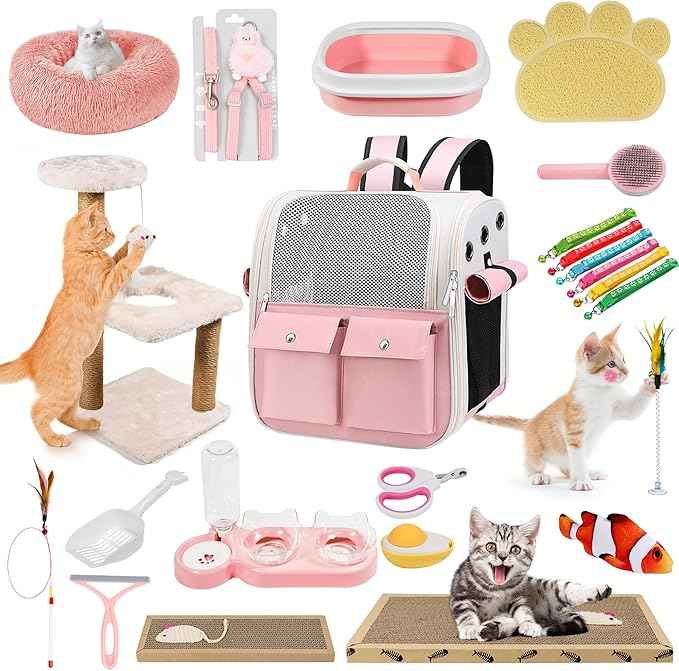 Kitten Starter Supplies Starter Kit, 20 pcs of Cat Essentials and Stuff, Including Cat Bed, Carrier, Litter Mat, Litter Box, Collar, Bowls,and Others, Perfect Choice for New Cat Owner - Pink