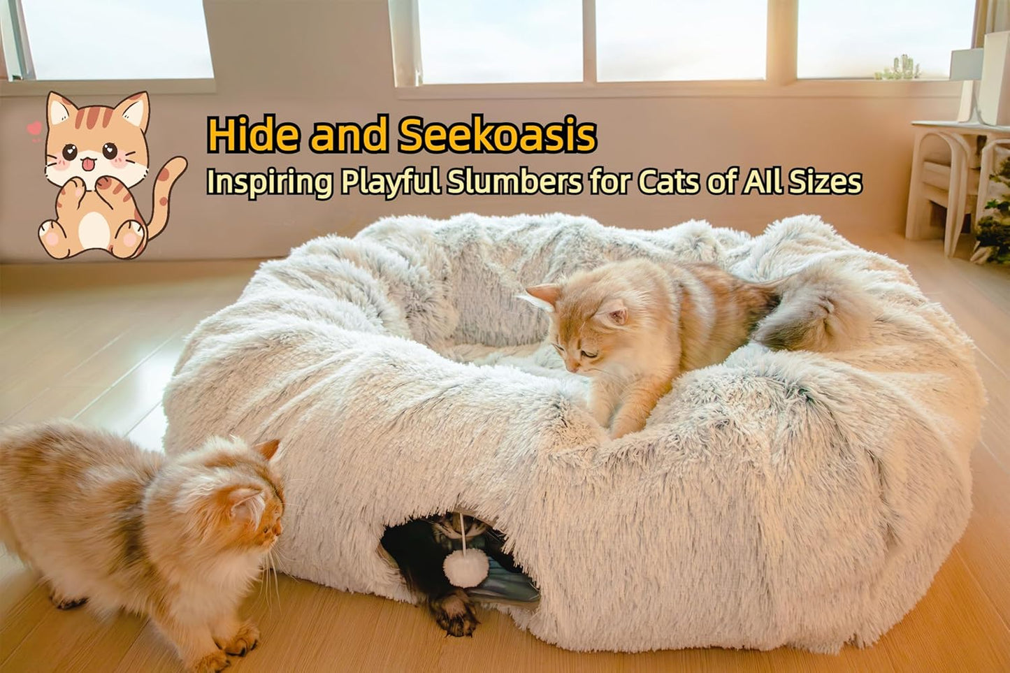 XxingSheep Extra Large Cat Tunnel Bed for Indoor Cats Peekaboo Cat Cave Donut with Center Mat