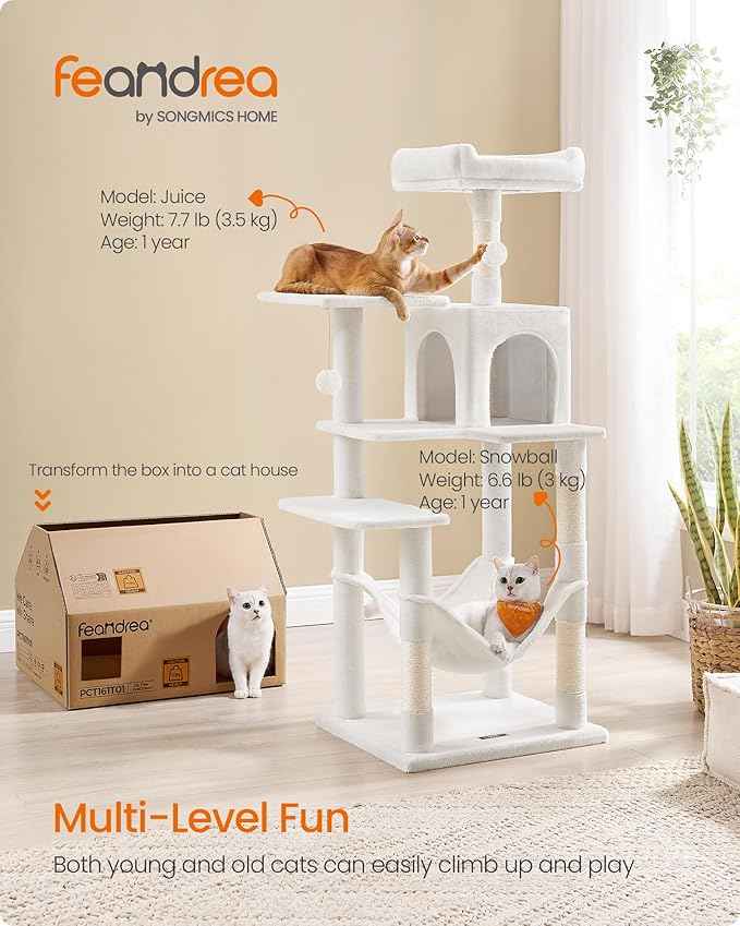 Feandrea Cat Tree, 55.1-Inch Cat Tower, Plush Multi-Level Condo with 4 Scratching Posts, 2 Perches, Hammock, Cave, Cream White UPCT161T01