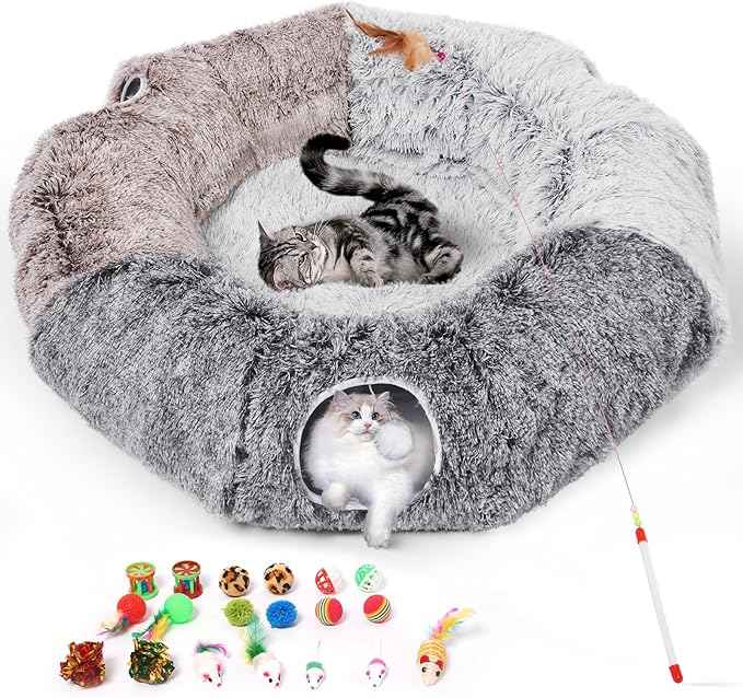 Odoland Large Cats Tunnels for Indoor Cats Fluffy Warm Cat Bed and Detachable Cave Tunnels with 20 Pet Toys, Donut Tunnel and Variety Kitten Toy Set for Chewing Playing