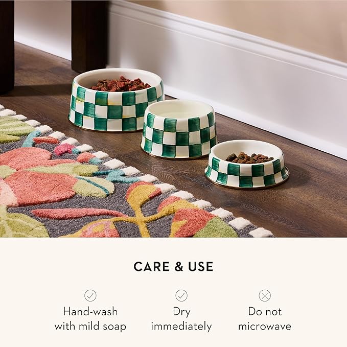 MACKENZIE-CHILDS Enamel Cat Dish, Cute Cat Bowl for Food and Water, Green-and-White Emerald Check