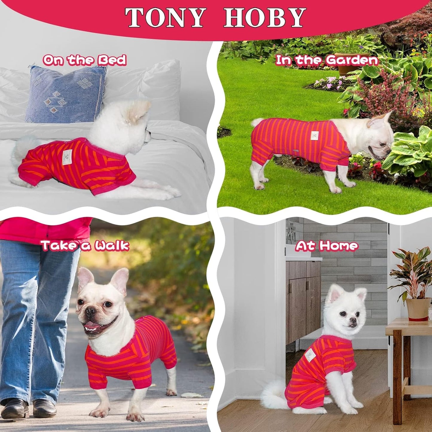 TONY HOBY Dog Pajamas, Female/Male Dog 4 Legged Pajamas, Soft Cotton Dogs Jumpsuit with Stripes (Rose Red&Orange, Girl, M)