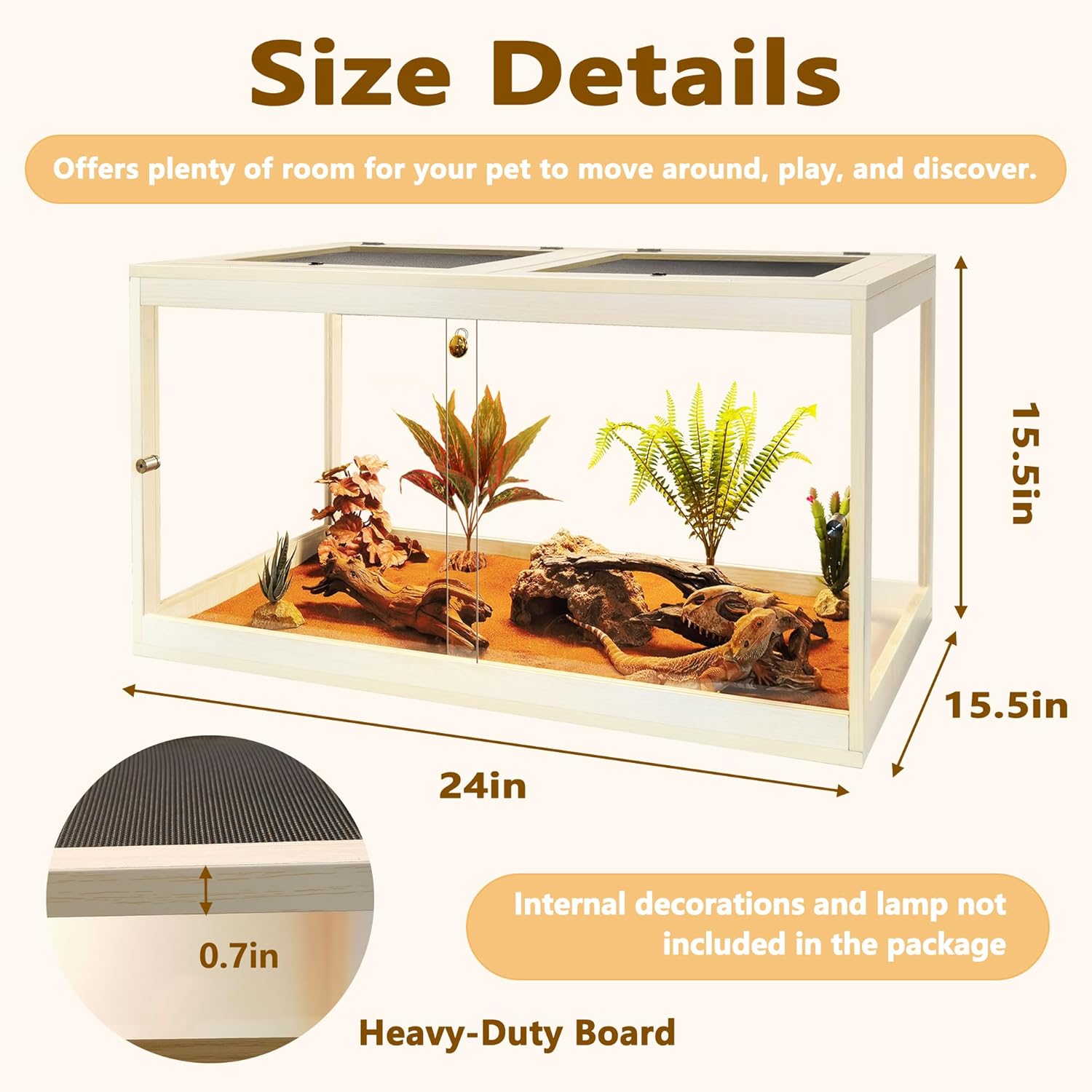 Prolee Reptile Terrarium Tank Up to 78 Gallon, Lizard Tank Bearded Dragon Tank with Metal Mesh Roof Door, Snake Tank with Lock Design (Oak, 27 Gallon Volume, 24 Inch Length) - FurryFun