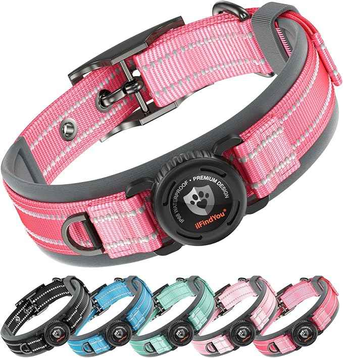 Upgraded AirTag Dog Collar with Holder, Waterproof Reflective Air Tag Dog Collar with widened Comfortable Padding & Ultra-Durable Metal Buckle, Adjustable for eXtra Large Dogs (XL, Rose Red)