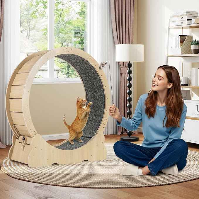 Tangkula Cat Wheel for Indoor Cats, 40 Inch Large Cat Exercise Wheel with Lockable Mechanism, Carpeted Runaway, Wooden Ultra Low Noise Running Treadmill with a Teaser Toy for Kitty Fitness