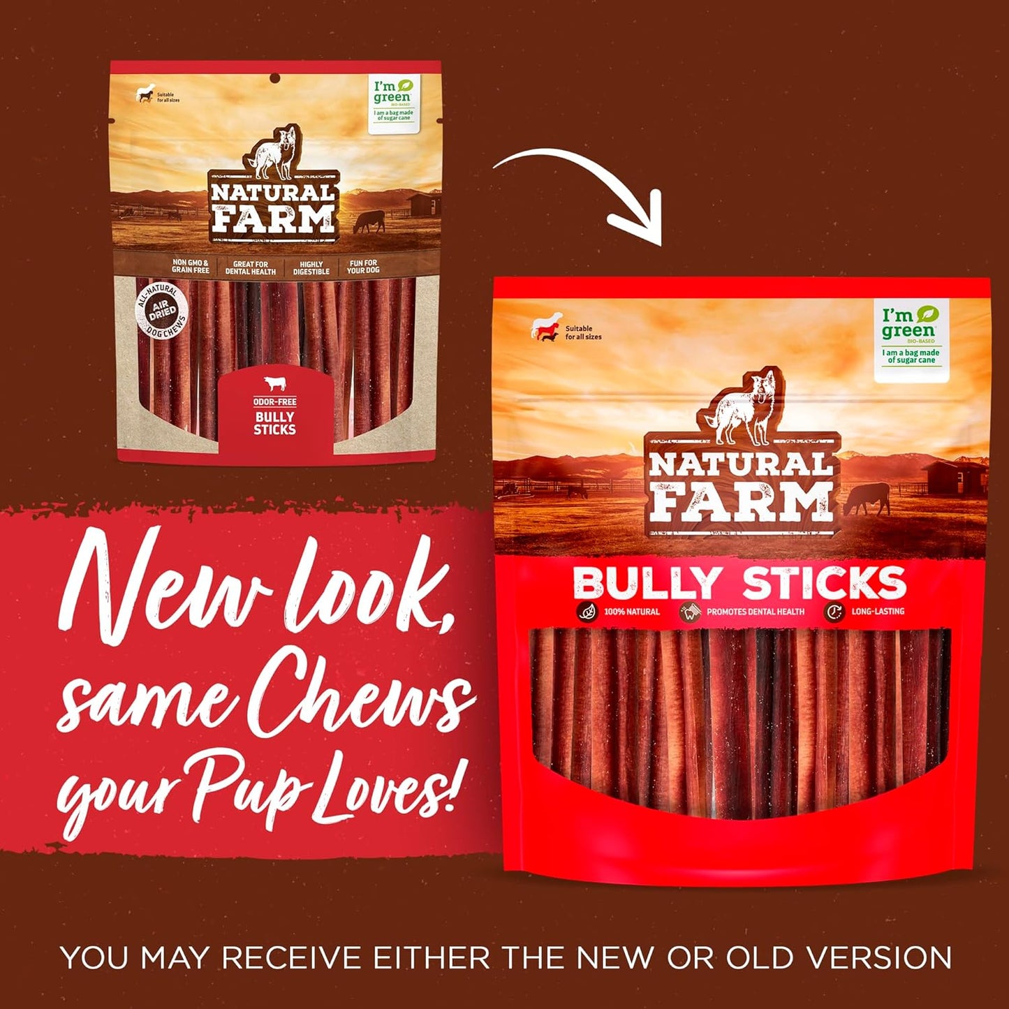 Natural Farm Bully Sticks, Odor-Free (12 Inch, 5 Count), 8.8 Oz. Per Bag, 100% Beef Chews, Grass-Fed, Non-GMO, Fully Digestible Dental Treats to Keep Your Small and Medium Dogs Busy and Happy