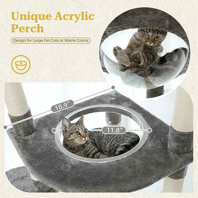 PETEPELA Floor to Ceiling Cat Tree, 92.9''-101.6''Height Adjustable Cat Tower Tall Cat Climbing Play House, Cozy Condo, Scratching Post and Spacious Hammock for Indoor Cats Large Adult, Gray