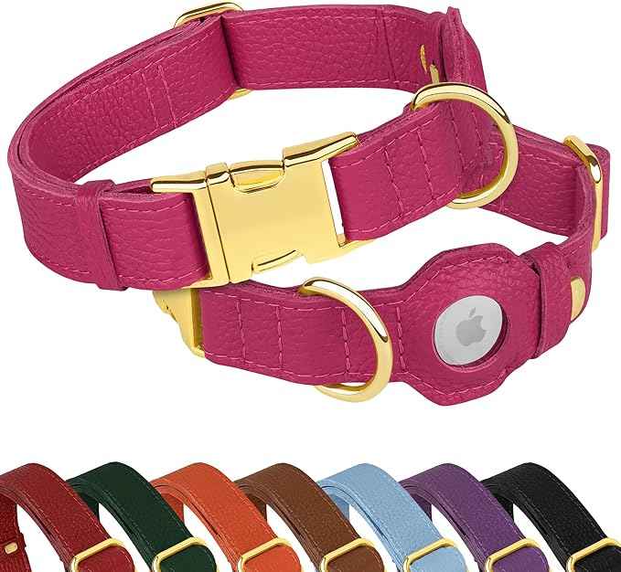 Leather Airtag Dog Collar - Soft Tracking Dog Collar with Apple AirTag Holder and Metal Buckle - Safety GPS Pet Collars for Small Medium Large Dogs Puppy Pink Red (Pink, S, 12"-15" Neck Fit)