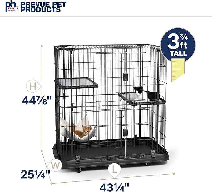 Prevue Pet Products Deluxe Cat Home - Cat Cage Home with 3 Levels, Spacious Indoor Pen, Includes Hammock, Durable & Easy to Clean Kennel, with Rolling Wheel Casters - Black