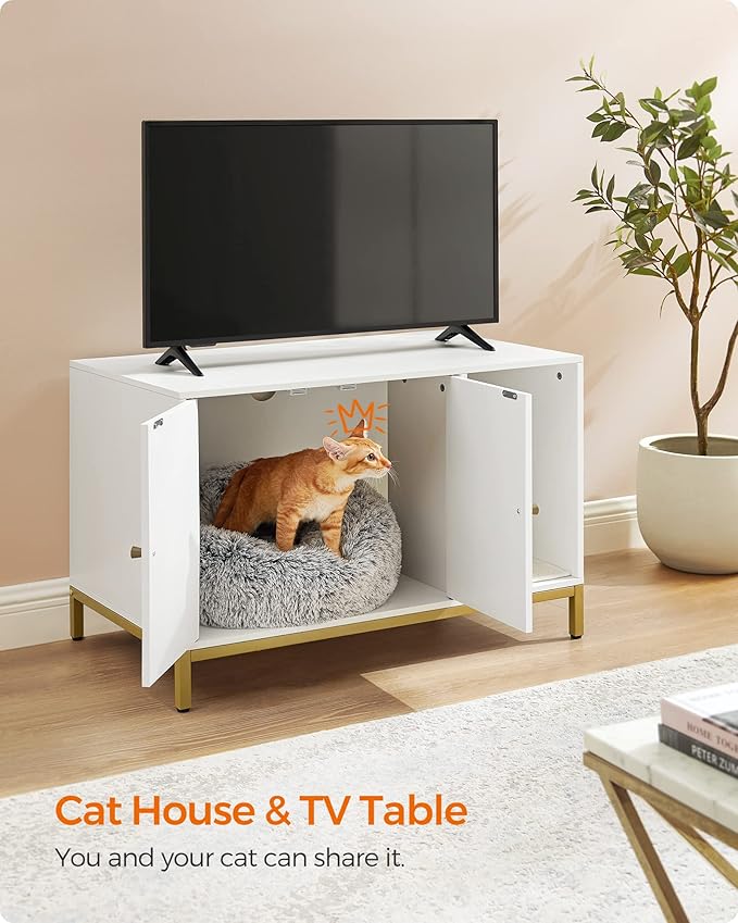 Feandrea Cat Litter Box Enclosure, Hidden Litter Box Furniture with Scratch Pad, Front Entry, Double Cabinet Doors, Modern Style, 31.5" Cat House Washroom Side End Table, White and Gold