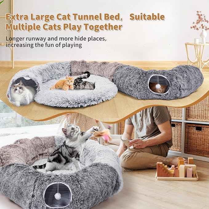 Odoland Large Cats Tunnels for Indoor Cats Fluffy Warm Cat Bed and Detachable Cave Tunnels with 20 Pet Toys, Donut Tunnel and Variety Kitten Toy Set for Chewing Playing
